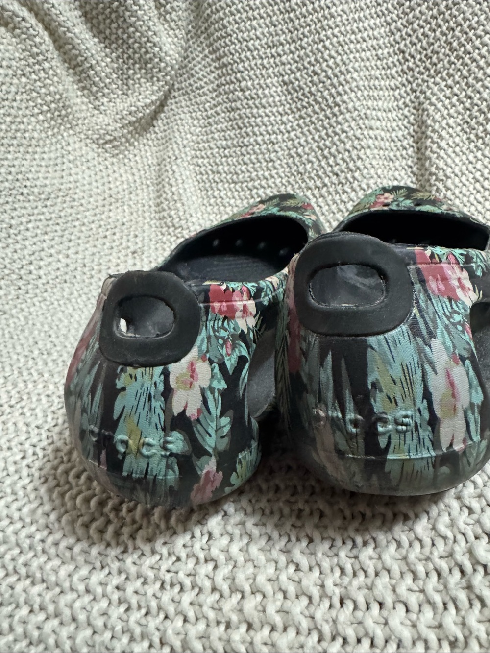 CROCS Black Floral Slip-On Flats with Green and Pink Print - Picture 3 of 4